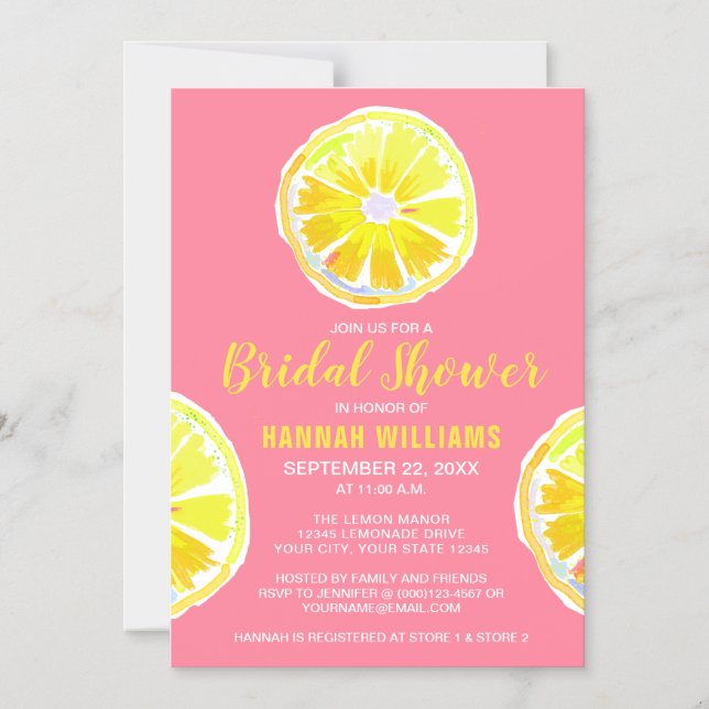 Lemon Watercolor Pink Bridal Shower Magnetic Invitation (Front)
