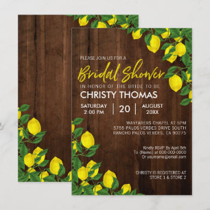 Lemon Watercolor Rustic Wood Bridal Shower Invitation