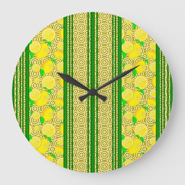 Lemon Watercolor Stripes and Circles Large Clock (Front)