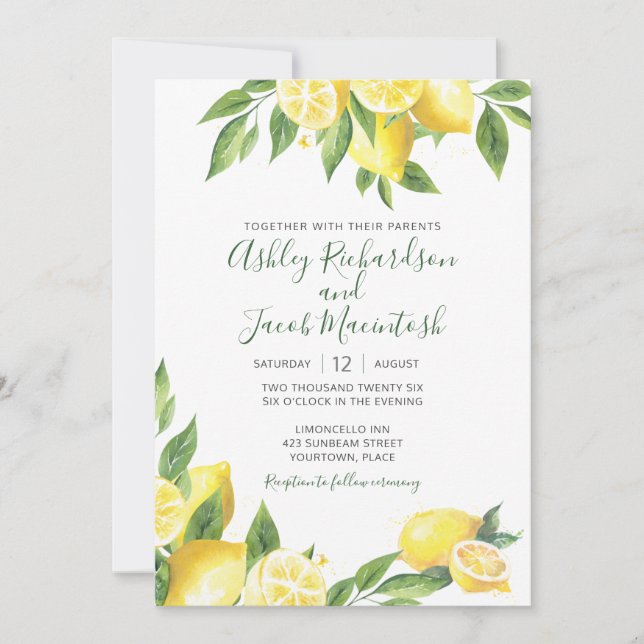 Lemon Watercolor Wedding Invitation (Front)