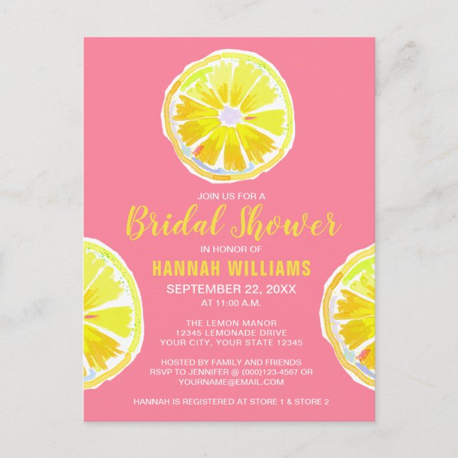 Lemon Watercolor with Pink Bridal Shower Invitatio Postcard (Front)