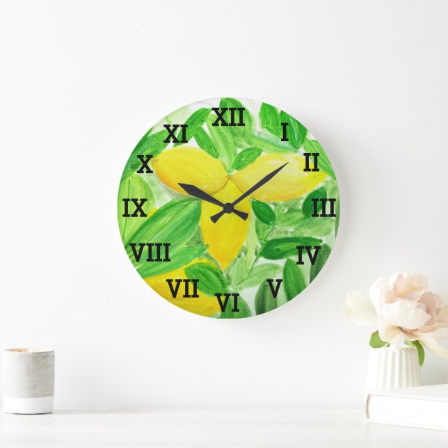 Lemon Watercolor Yellow Fruit Summer Citrus Large Clock (Home)