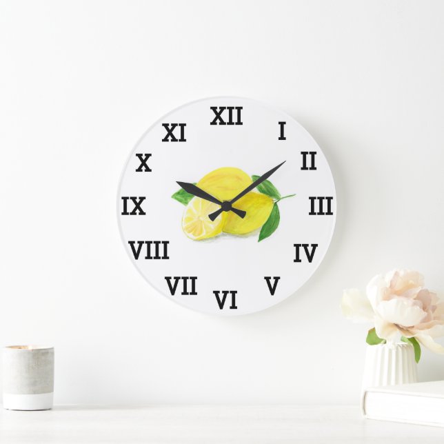Lemon Watercolor Yellow Fruit Summer Citrus Large Clock (Home)