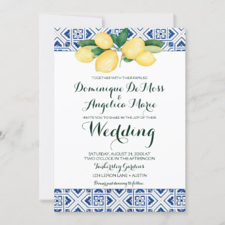 Lemon Wedding Blue White Mediterranean Tile Invitation