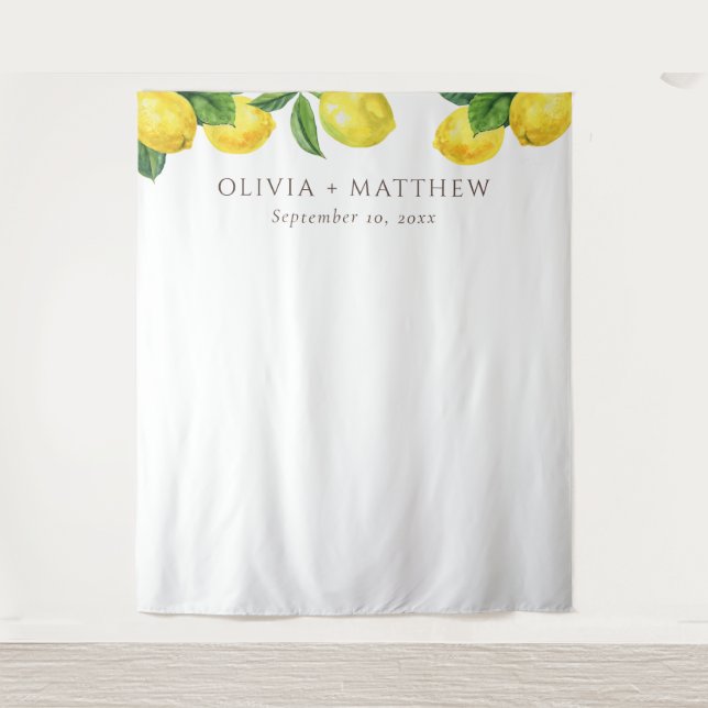 Lemon Wedding Photo Backdrop. Rustic Citrus Garden Tapestry (Front)