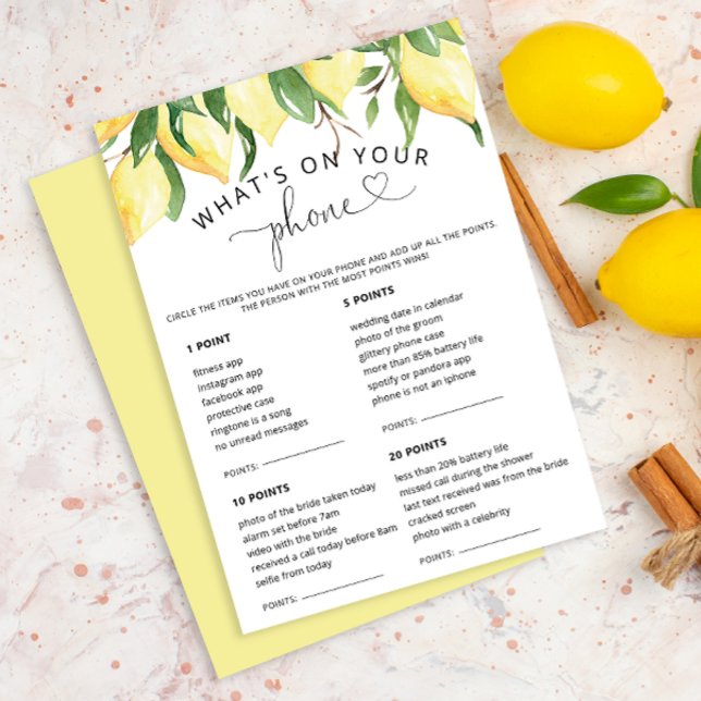 Lemon What's On Your Phone Bridal Game Cards (Creator Uploaded)