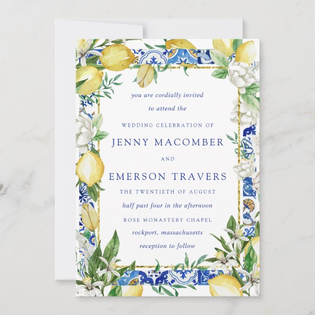 Lemon White Floral Blue Mosaic Tile Wedding Invitation (Front)