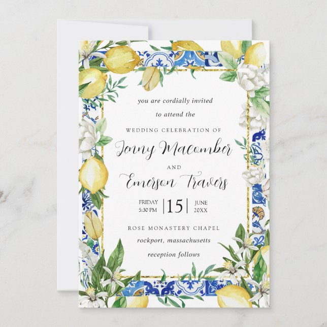 Lemon White Floral Blue Mosaic Tile Wedding Invitation (Front)