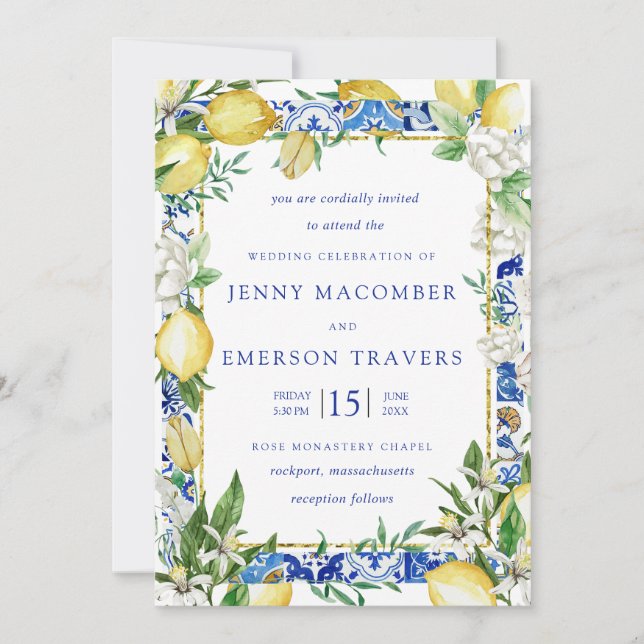 Lemon White Floral Blue Mosaic Tile Wedding  Invitation (Front)