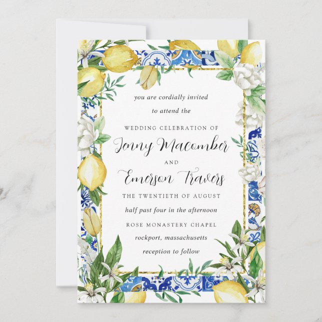 Lemon White Floral Blue Mosaic Tile Wedding Invitation (Front)