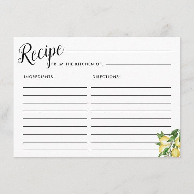 Lemon WhiteFloral Bridal Recipe Card (Front)