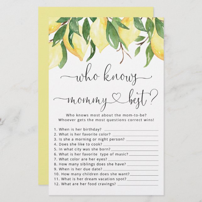 Lemon Who Know Mommy Best Baby Shower Game (Front/Back)