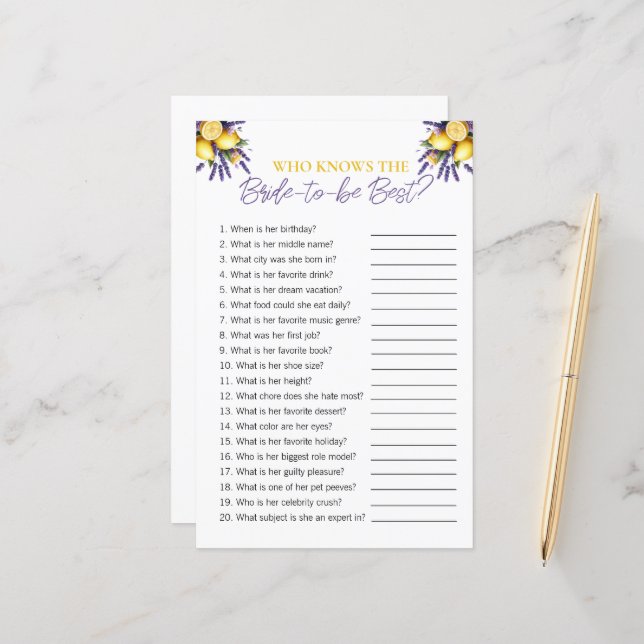 Lemon "Who Knows The Bride" Bridal Shower Game (Front/Back In Situ)