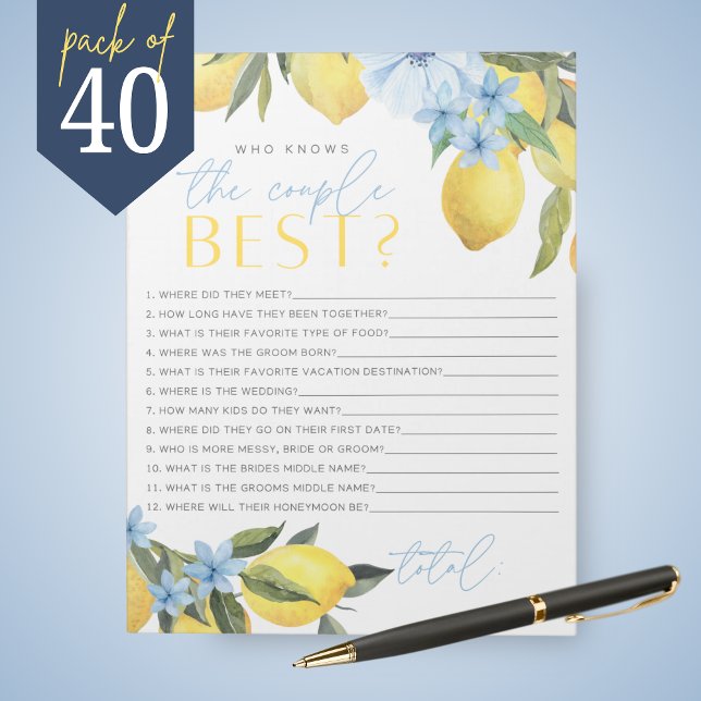 Lemon Who Knows The Couple Best Bridal Game Pack Notepad (Main Squeeze Lemon and Blue Flower Who Knows the Couple Best Bridal Shower Game Pack of 40 Games)