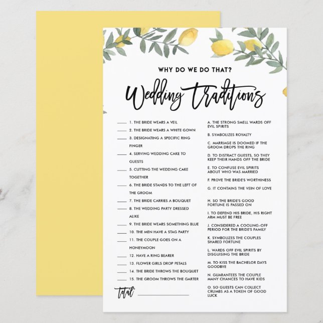 Lemon Why Do We Do That Wedding Traditions Game (Front/Back)