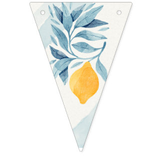 Lemon with blue leaves botanical illustration bunting flags