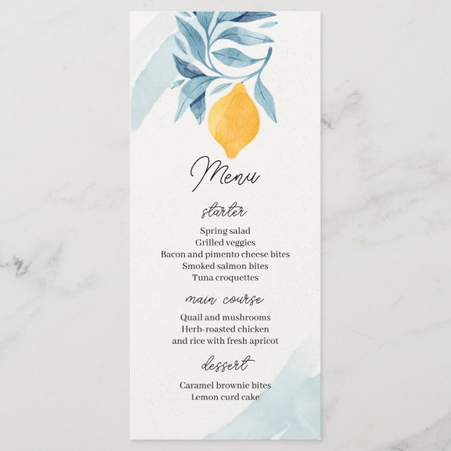 Lemon with blue leaves botanical illustration menu (Front)