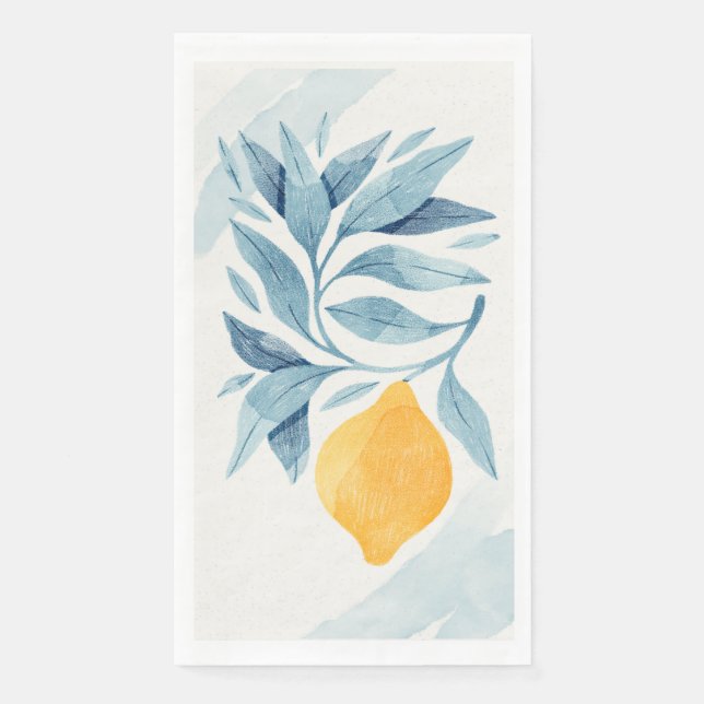 Lemon with blue leaves botanical illustration napkin (Front)