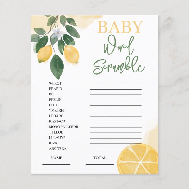 Lemon Word Scramble Baby Shower Game (Front)