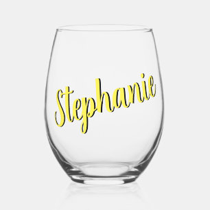 Lemon Yellow 3D Elegant Handwritten Style Name Stemless Wine Glass