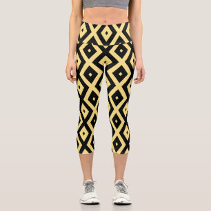 Lemon yellow and black diamond pattern capri leggings
