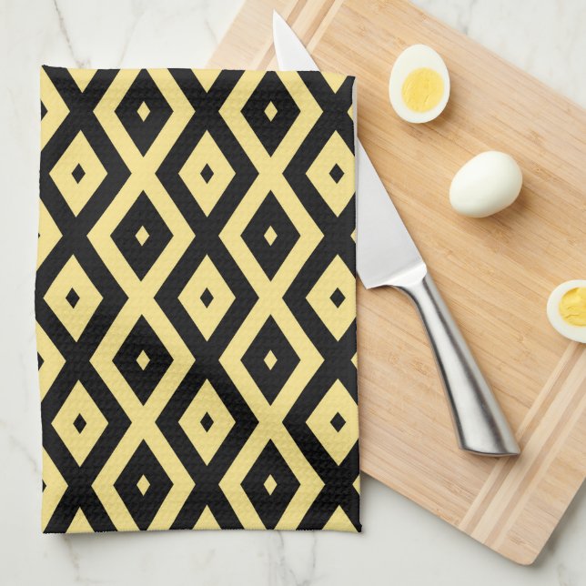 Lemon yellow and black diamond pattern kitchen towel (Quarter Fold)