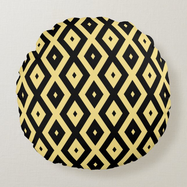 Lemon yellow and black diamond pattern round pillow (Front)