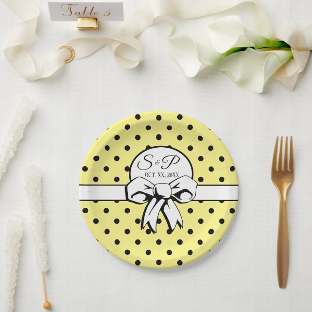 Lemon Yellow and Black Dots White Bow Personalized Paper Plate (Wedding)