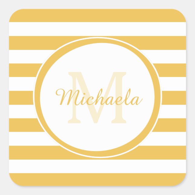 Lemon Yellow Candy Stripes Girly Name and Monogram Square Sticker (Front)