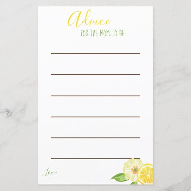 Lemon Yellow Citrus Mom to be Advice Cards (Front)