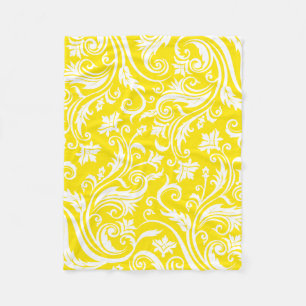 Lemon Yellow Damask Floral Pattern Fleece Blanket