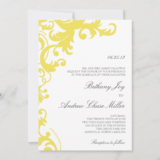 Lemon Yellow Elegant Damask Wedding Invitation (Front)