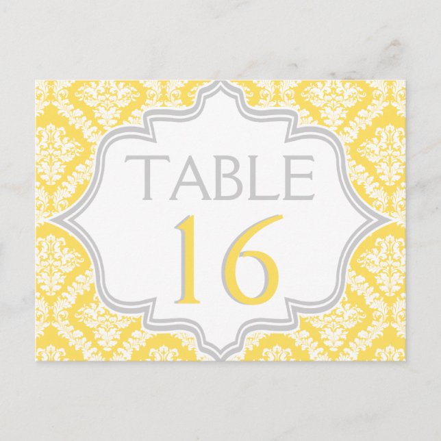 Lemon yellow, grey damask wedding table number postcard (Front)