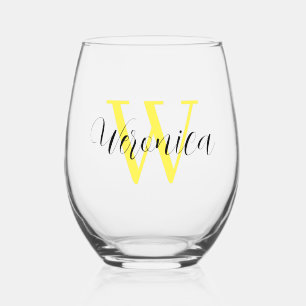 Lemon Yellow Initial and Black Name   Elegant Stemless Wine Glass