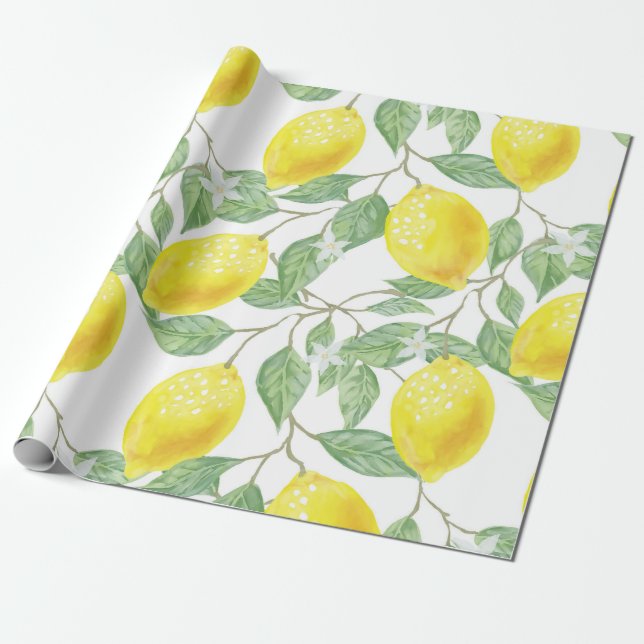 Lemon Yellow Leaves Green Pattern Wrapping Paper (Unrolled)