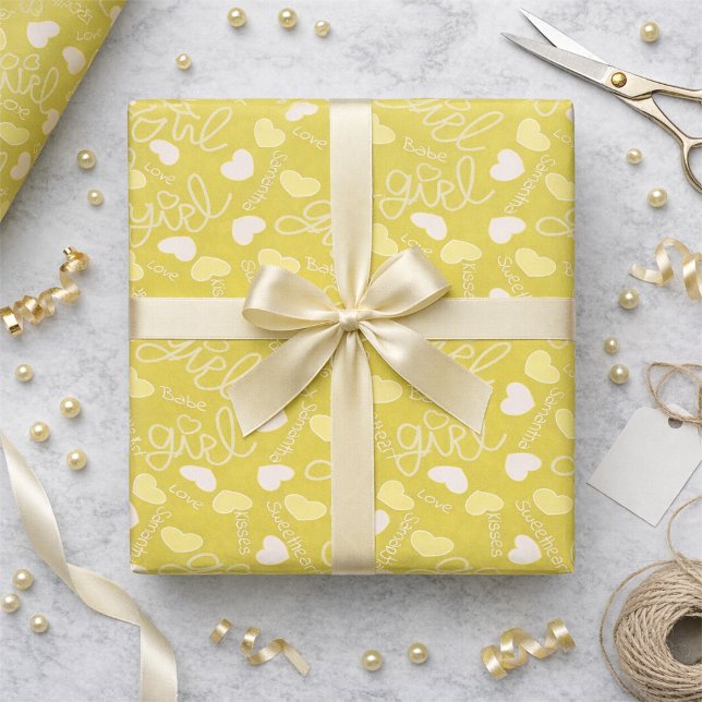 Lemon Yellow Love Wrapping Paper (Customizable love notes on lemon yellow wrapping paper. Cute, girly, and ready to make any gift pop.)