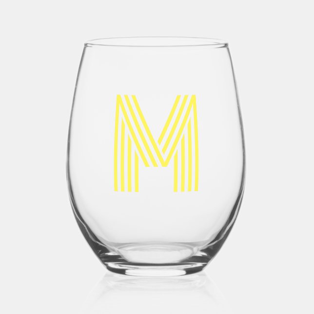 Lemon Yellow Modern Monogram Initial Letter Stemless Wine Glass (Front)