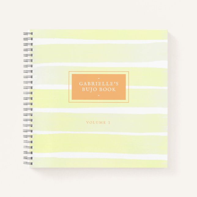 Lemon Yellow Orange Watercolor Stripe Personalized Notebook (Front)