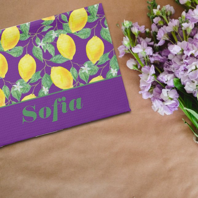 Lemon yellow pattern custom name purple kitchen towel (Creator Uploaded)