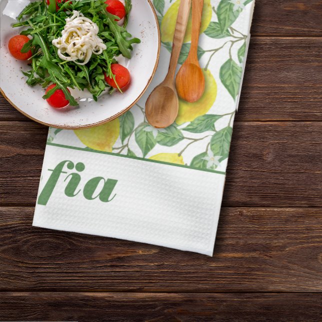 Lemon yellow pattern custom name white kitchen towel (Creator Uploaded)