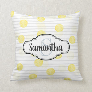 Lemon Yellow Polka Dot and Stripes Monogrammed Throw Pillow