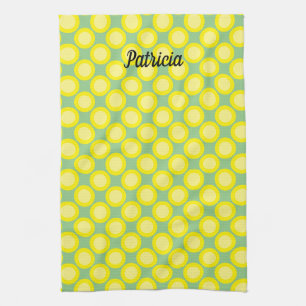 Lemon Yellow Polka Dots Sage Green Custom Name Kitchen Towel