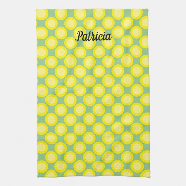 Lemon Yellow Polka Dots Sage Green Custom Name Kitchen Towel (Vertical)