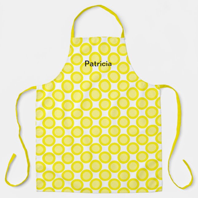 Lemon Yellow Polka Dots White Custom Name Cool Apron (Front)