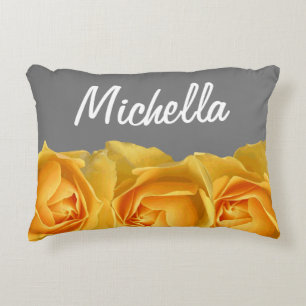 Lemon Yellow Roses & Grey with Name in White Decorative Pillow