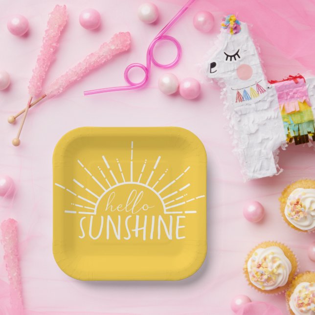 Lemon Yellow Simple Modern Hello Sunshine     Paper Plate (Party)