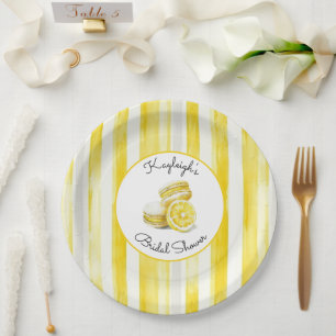 Lemon Yellow Stripes Macarons Bridal Shower Paper Plate