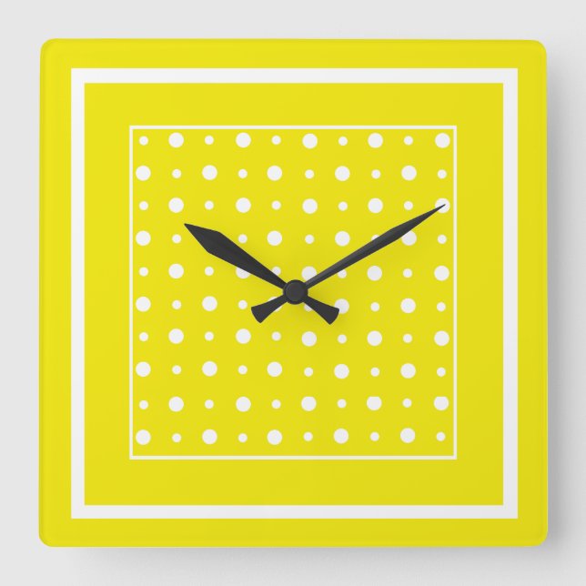 Lemon Yellow Wall Clock, White Polka Dots Square Wall Clock (Front)
