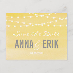 Lemon Yellow Watercolor Stringlights Save The Date Announcement Postcard