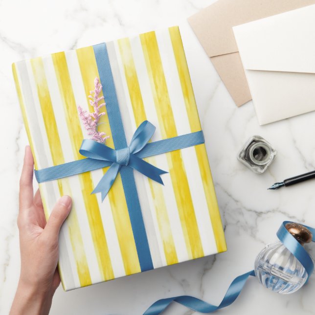 Lemon Yellow White Stripes Birthday Wrapping Paper (Gifting)